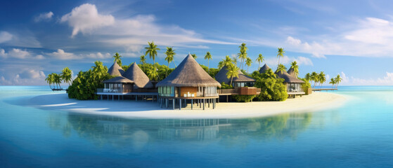 beautiful view of tropical island of Maldives with traditional wooden resort buildings, blue sky, expanse of sea, shallow clear water and coconut trees created with Generative AI Technology - obrazy, fototapety, plakaty