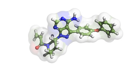 Fototapeta premium Ibrutinib, anticancer drug against chronic lymphocytic leukemia, mantle cell lymphoma, and Waldenstrom's Macroglobulinemia, 3D molecule 4K 