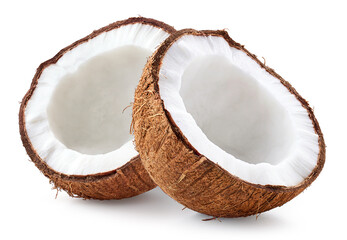 Two fresh ripe coconut halves on white background - 743870323