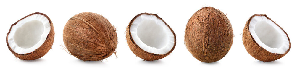 Set of fresh whole and half coconut on white background - 743870392