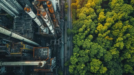 Aerial view contrasting an industrial complex with its harsh metallic structures against the natural beauty of a dense, green forest.. Carbon footprint idea