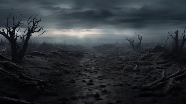 a view of barren land with dead trees and a dark atmosphere