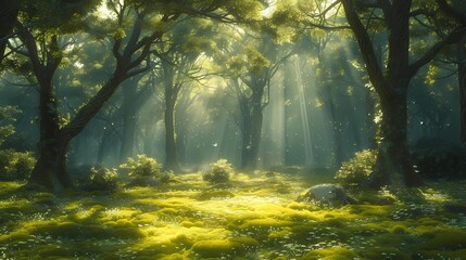 An enchanting forest scene with sunlight filtering through the dense canopy, casting dappled shadows on the moss-covered ground below - obrazy, fototapety, plakaty