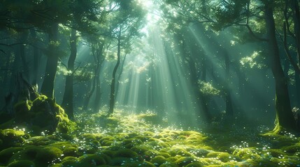 Fototapeta na wymiar An enchanting forest scene with sunlight filtering through the dense canopy, casting dappled shadows on the moss-covered ground below