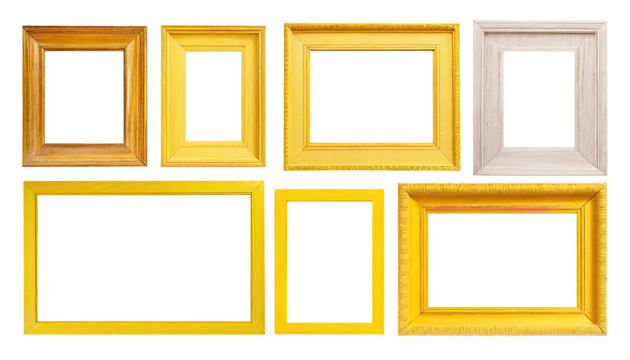 A collection of yellow old vintage frames, empty photo, border, isolated on a transparent background. Available in PNG format with options for cutout or clipping path.