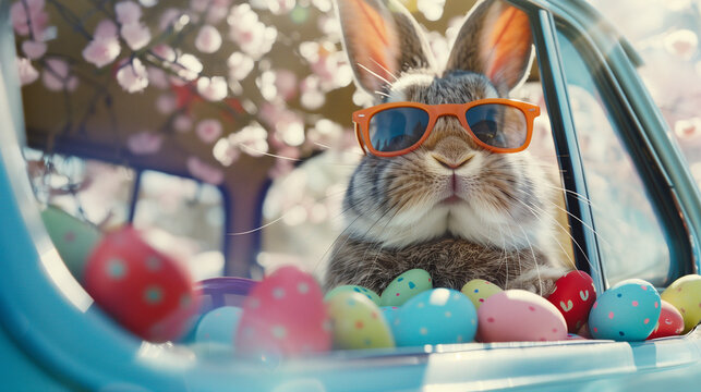 Cute easter bunny with easter eggs,  Ai generated Image 