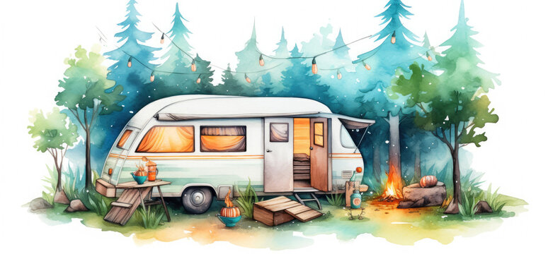 cute colorful vintage camping van car with trees in watercolor style on white background created with Generative AI Technology 