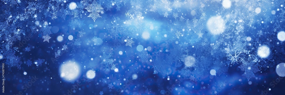 Poster a serene blue background adorned with delicate snowflakes gently falling, creating a tranquil and en