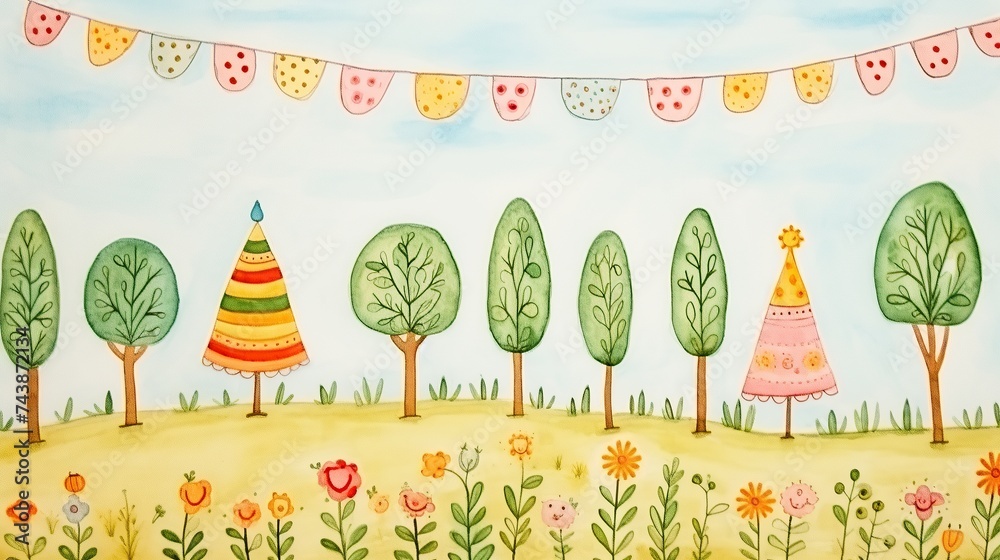 Poster a tranquil painting showcasing a lush field with tall trees and colorful bunting fluttering in the g