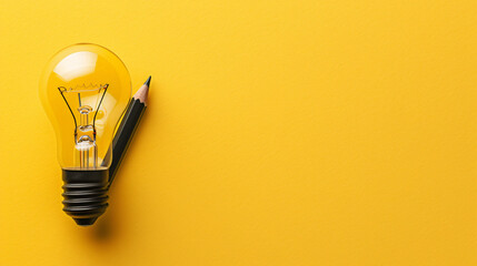 Black pencil on yellow background with light bulb.