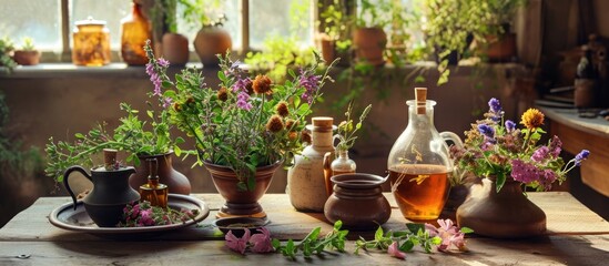 Fototapeta na wymiar Arrangement of herbal elements on table, including tea and tincture.
