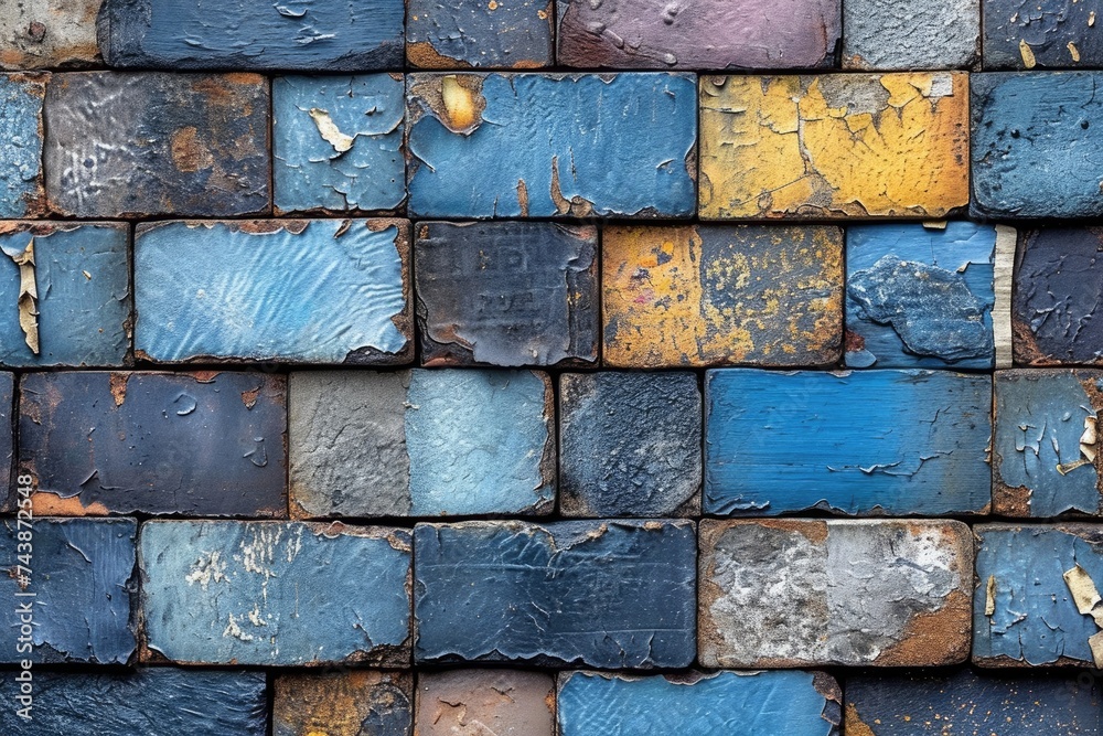 Poster a detailed close-up of a brick wall showcasing a vibrant array of colors, creating a modern and arti