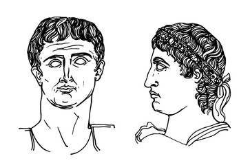 Ilustración lineal del busto de una estatua romana. Retrato de perfil y de frente del primer emperador de roma caesar augustus  - obrazy, fototapety, plakaty
