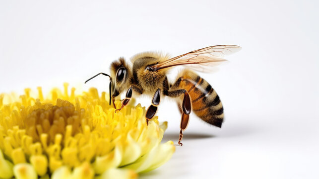 macro close-up Honey bee collecting nectar on yellow flower isolated on white background created with Generative AI Technology 