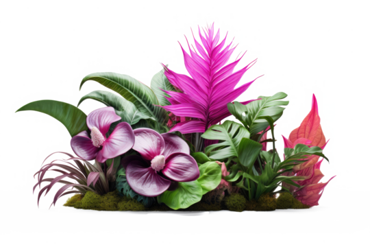 Green leaves of tropical plants bush (Monstera, palm, grass, rubber plant, anthurium, pink flower ,Philodendron) floral arrangement isolated on transparent background . PNG, cutout, clipping path.