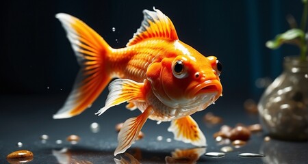Explore the surreal elegance of a goldfish in a studio setting, with ultra-realistic precision in capturing the interplay of light and shadow on its scales, showcasing the radiant beauty-Ai Generative