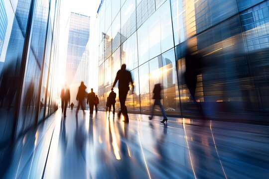 Abstract concept of business professionals in motion Their figures blurred Set against the sleek Modern lines of a glass office building Symbolizing the fast-paced nature of contemporary corporate lif