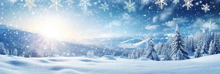 A beautiful snowy landscape featuring tall trees covered in white fluff and delicate snowflakes gently falling from the sky