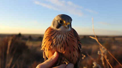 Bird ringing - Common kestrel Falco tinnunculus. - obrazy, fototapety, plakaty
