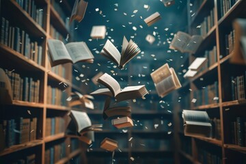 Books flying in magical library. imagination and fantasy concept - obrazy, fototapety, plakaty