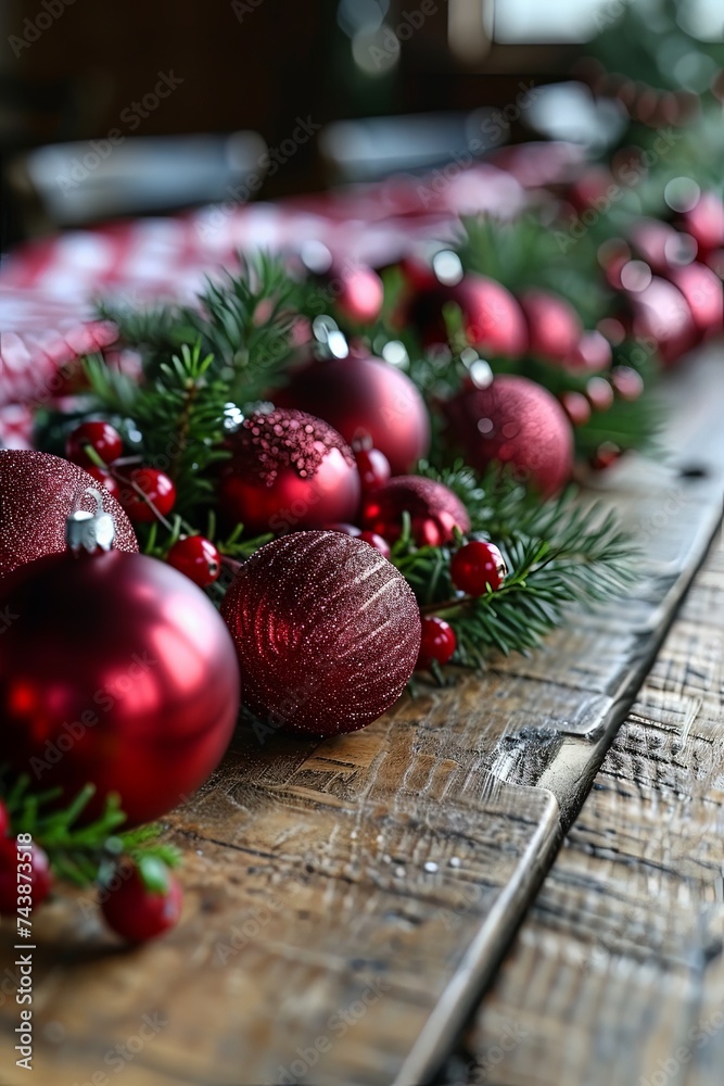 Poster A wooden table adorned with vibrant red ornaments and fresh greenery, creating a festive and inviting holiday display