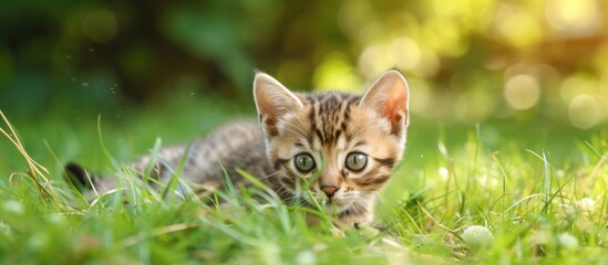 A cute and curious week old Bengal kitten is seen exploring in the grass during summertime.
