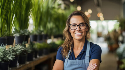 Smiling young woman small business owner wearing glasses and blue apron in green plant shop with white natural lighting created with Generative AI Technology - obrazy, fototapety, plakaty