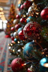 A lush Christmas tree glows with the vibrant colors of red and blue ornaments, creating a festive and magical atmosphere