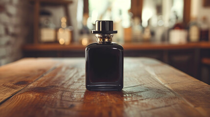 Black bottle of perfume placed on a wooden table. - obrazy, fototapety, plakaty