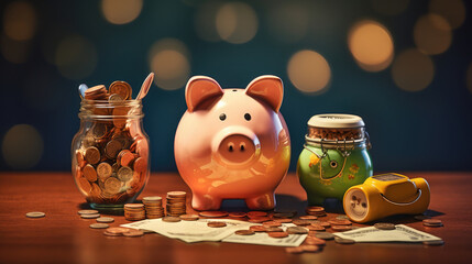 Piggy bank with gold coins around it for money, family planning income and expenditure budget table created with Generative AI Technology - obrazy, fototapety, plakaty