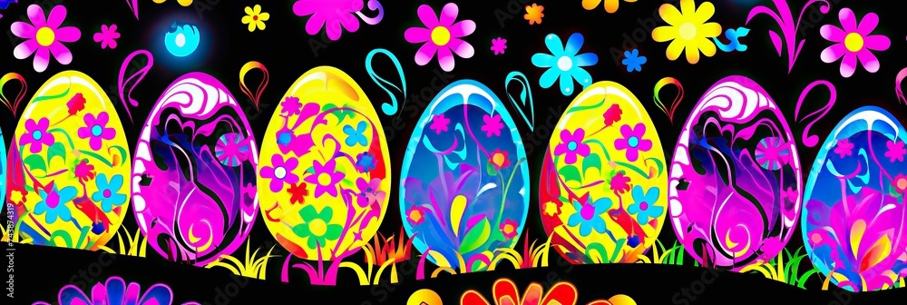 Aufkleber a collection of colorful eggs in neon hues, arranged beautifully against a black background, creatin