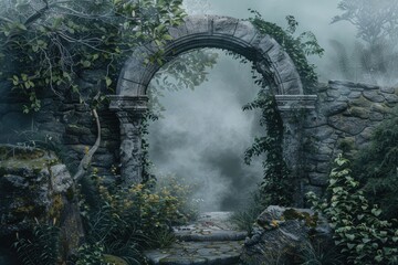 Enchanted fairy forest archway with misty dark background - obrazy, fototapety, plakaty