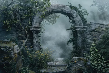 Behangcirkel Enchanted fairy forest archway with misty dark background © darshika