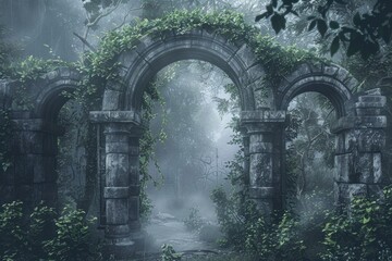 Fototapeta premium Enchanted fairy forest archway with misty dark background
