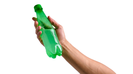 Hand-holding green plastic bottle isolated transparent background
