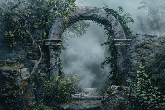 Enchanted fairy forest archway with misty dark background
