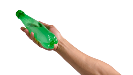 Hand-holding green plastic bottle isolated transparent background