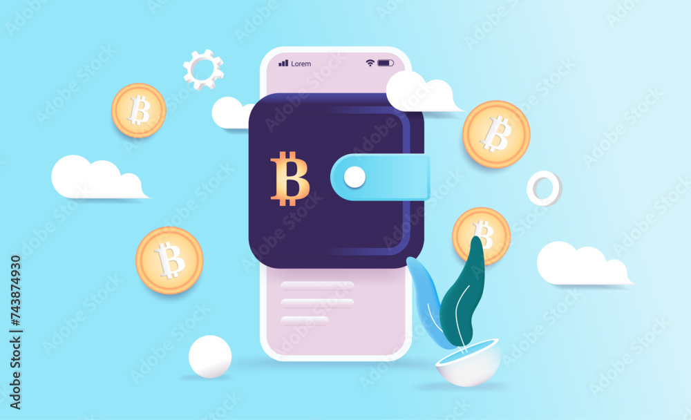 Poster crypto bitcoin wallet - mobile phone screen with personal crypto currency storage wallet and coins f