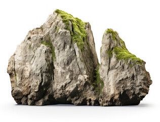 cluster of rugged rock cliffs with green moss made of dark gray color limestone on an isolated white background