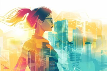 Dynamic young female entrepreneur leading a tech startup Illustrated against a backdrop of digital innovation and city skyline