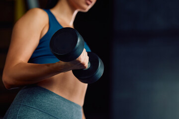 Fototapeta na wymiar Close up of athletic woman exercising with dumbbells in gym.