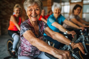 Energetic senior fitness class with joyful participants on stationary bikes