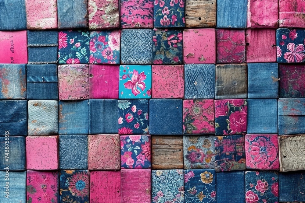 Poster an artistic wall created by repurposing old jeans and featuring a colorful display of blooming flowe