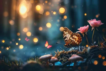 Foto op Plexiglas Enchanted forest with magical mushrooms  butterflies  and flowers at night. © darshika
