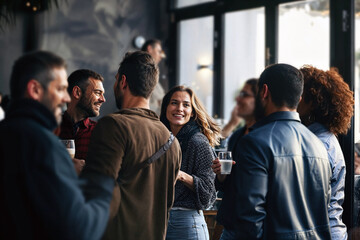 Candid capture of businesspeople at a networking event, mingling casually over food and drinks during a relaxed reception.

 - obrazy, fototapety, plakaty