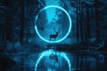 Abstract futuristic night forest scene with neon lights and deer.