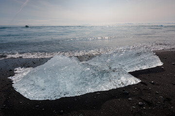 Obraz premium Iceberg pieces from a glacier calving into the ocean on a fabulous black sand beach in Iceland. Travel, unique experience, and winter season concept.