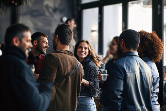 Candid capture of businesspeople at a networking event, mingling casually over food and drinks during a relaxed reception.

