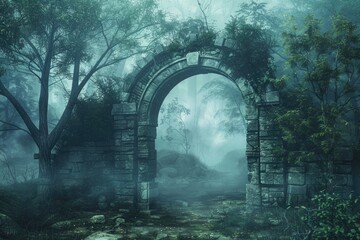 into the deep woods  atmospheric landscape with archway and ancient trees  misty and foggy mood - obrazy, fototapety, plakaty