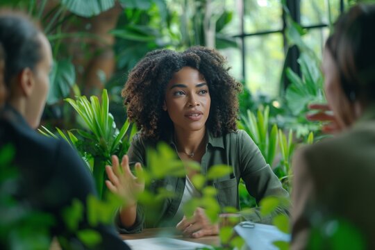 Leading woman in environmentally conscious, sustainable workplace debating green project ideas with coworkers. 